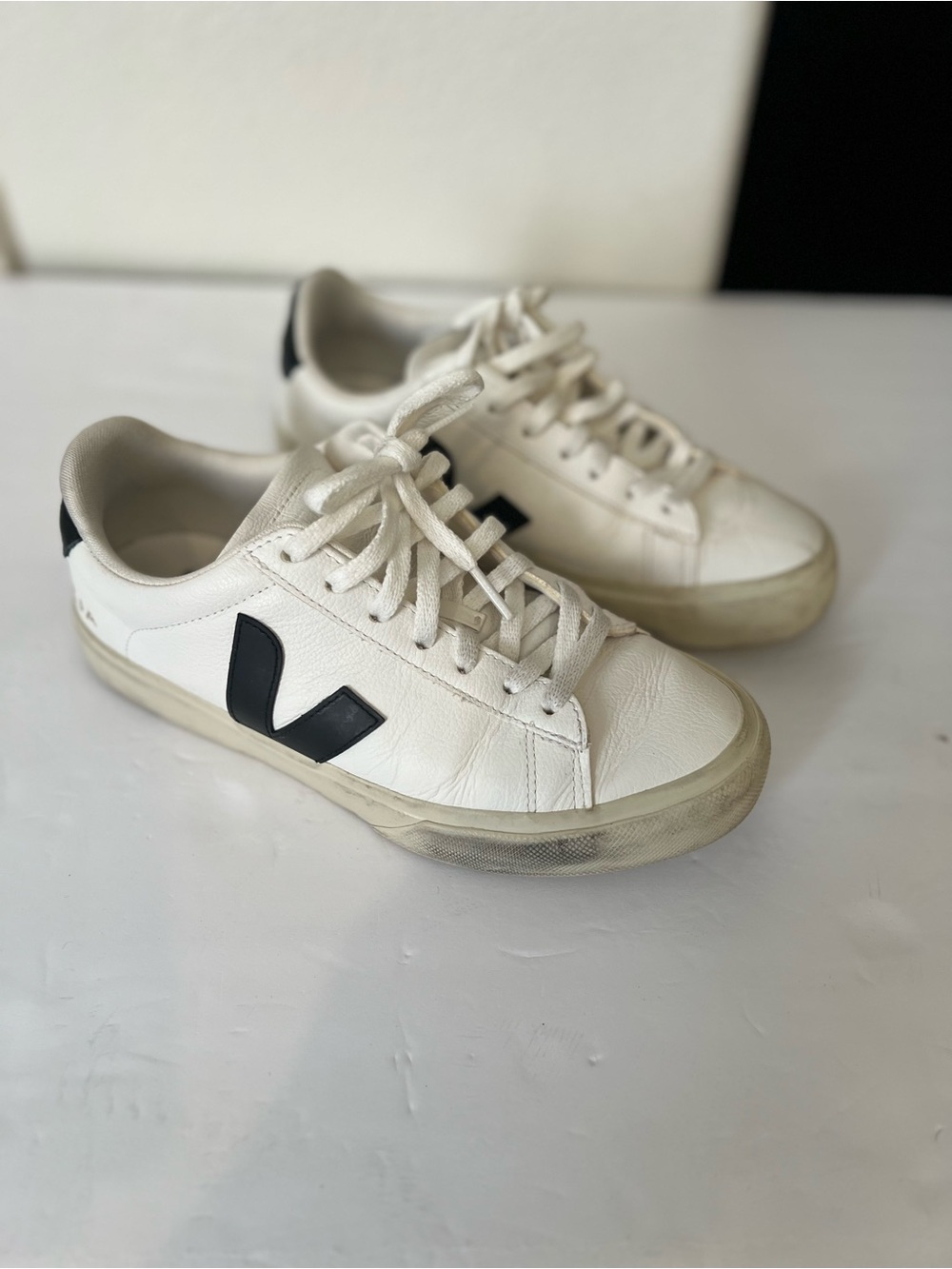 Veja White Leather Low-Top Sneakers with Black V